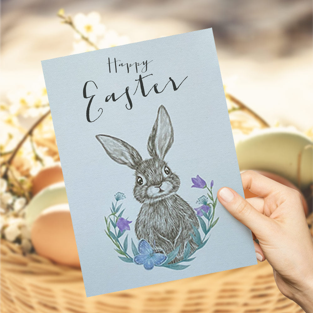 Happy Easter Greeting Card with Cute Bunny, Flowers and Butterflies Gift Card