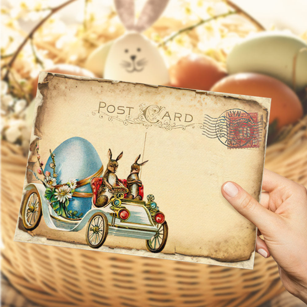 Postcard Style Easter Greeting Card – Two Bunnies Driving with Blue Egg Gift Card