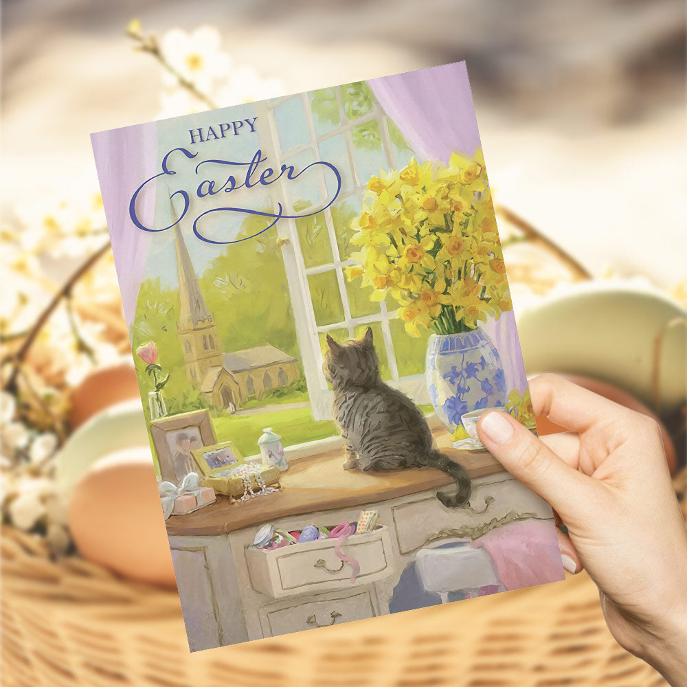 Happy Easter Greeting Card Featuring Cute Cat Looking Out the Window Gift Card