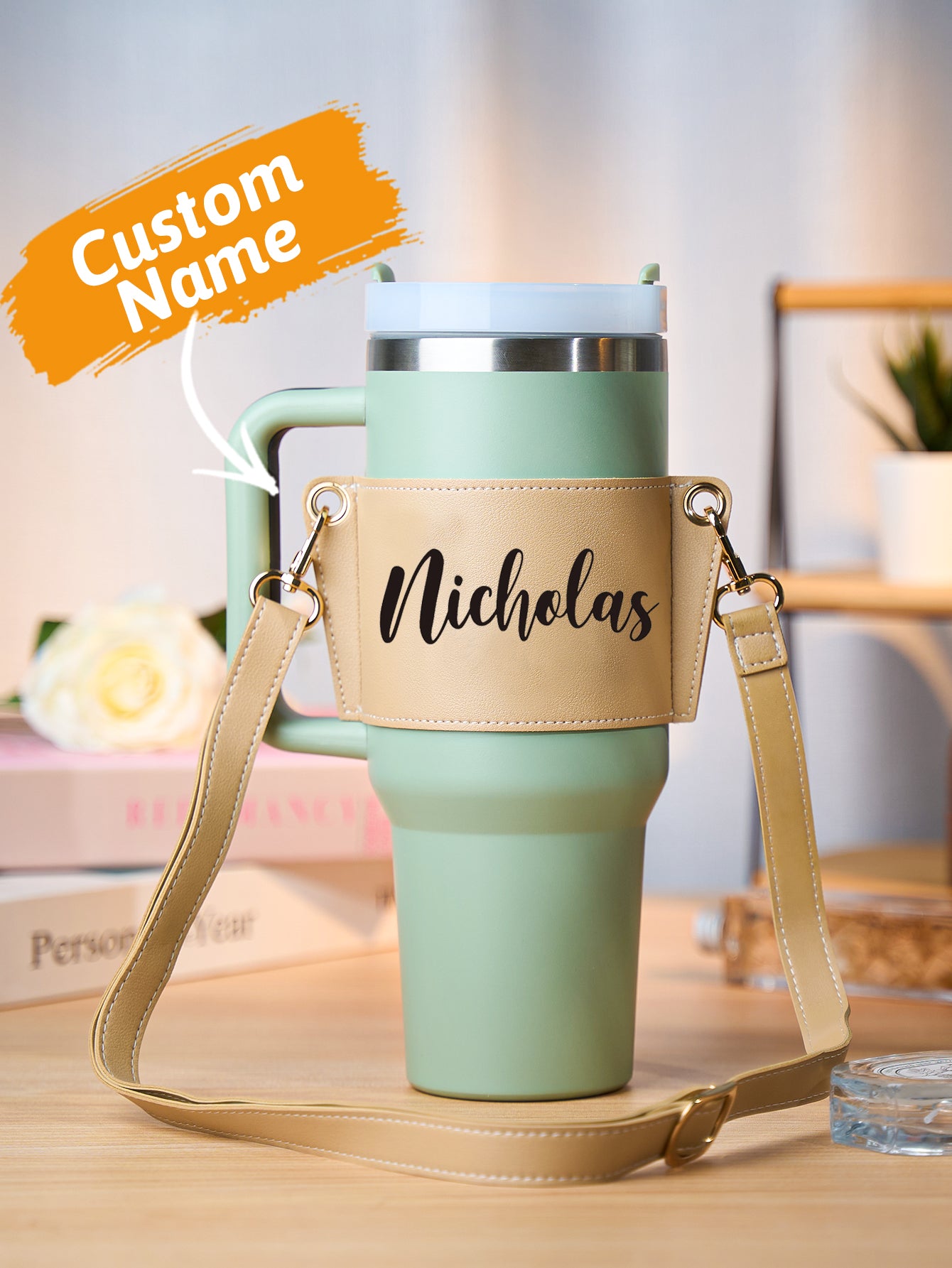 Custom Name Water Bottle Carrier Bag for 40oz Stanley Tumbler with Adjustable Strap Birthday Gift for Women