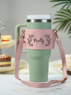 Custom Floral Pattern Water Bottle Carrier Bag with Adjustable Strap for 40oz Stanley Tumbler Gift for Women
