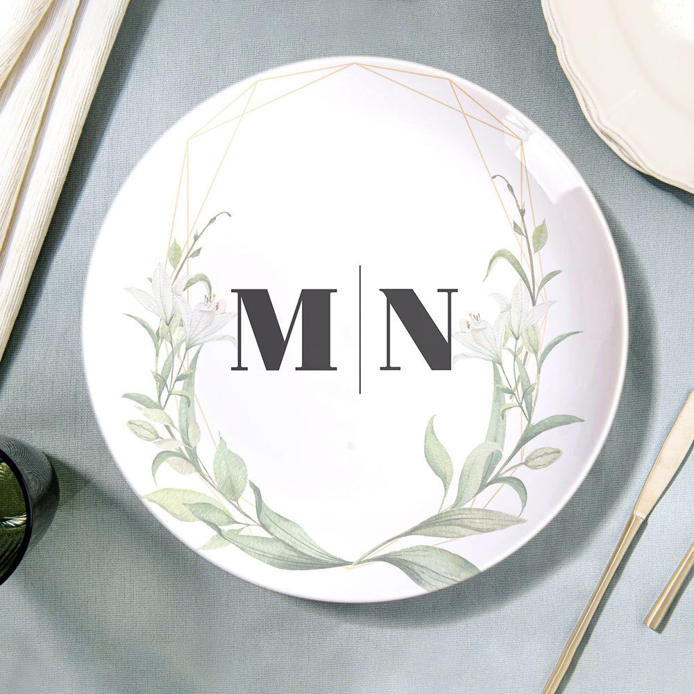 Custom Printed Flower Two Initials Ceramic Dinner Plates