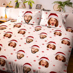 Personalized Photo Double Bedding Sheet And Duvet Cover Pillowslip Set Christmas Hat Gift For Couple