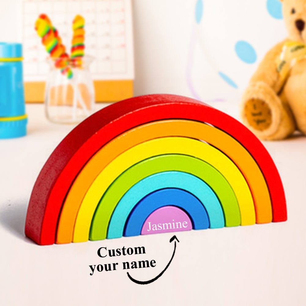 Custom Wooden Rainbow Stacker Nesting Puzzle Game Building Blocks Jigsaw Learning Toy Set Board Stacking Toy Gift for Kids