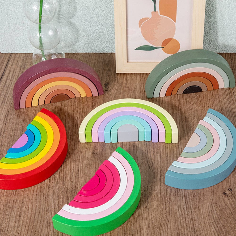 Custom Wooden Rainbow Stacker Nesting Puzzle Game Building Blocks Jigsaw Learning Toy Set Board Stacking Toy Gift for Kids