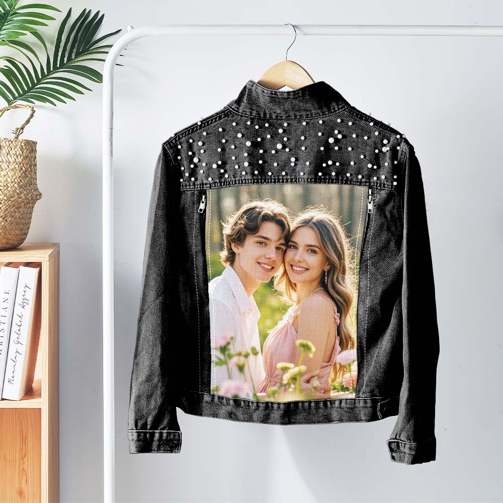 gifts for wife Wrapped in Your Memory - Pearl Denim Jacket, Personalized Photo Jean Jacket, Stylish Everyday Wear for Date Ni
