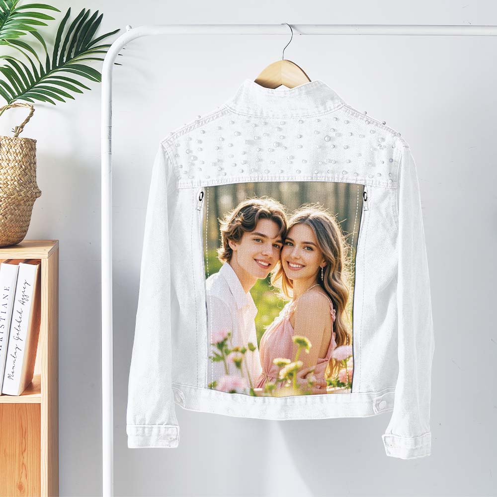 gifts for wife Wrapped in Your Memory - Pearl Denim Jacket, Personalized Photo Jean Jacket, Stylish Everyday Wear for Date Ni