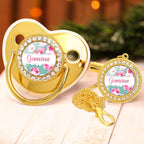 Custom Name Baby Pacifier & Clip Set with Flower – Personalized Newborn Gift