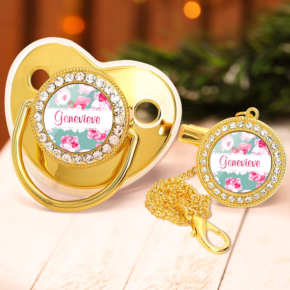 Custom Name Baby Pacifier & Clip Set with Flower – Personalized Newborn Gift