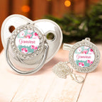Custom Name Baby Pacifier & Clip Set with Flower – Personalized Newborn Gift