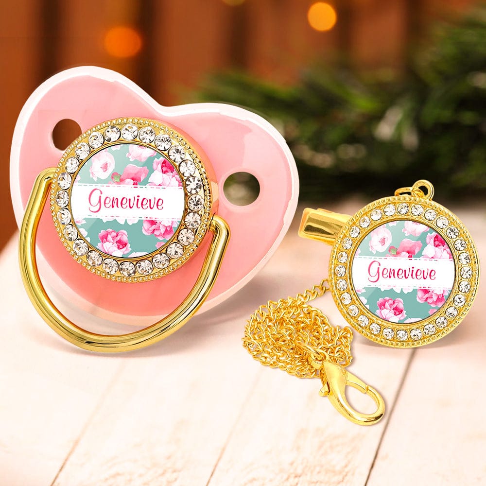 Custom Name Baby Pacifier & Clip Set with Flower – Personalized Newborn Gift