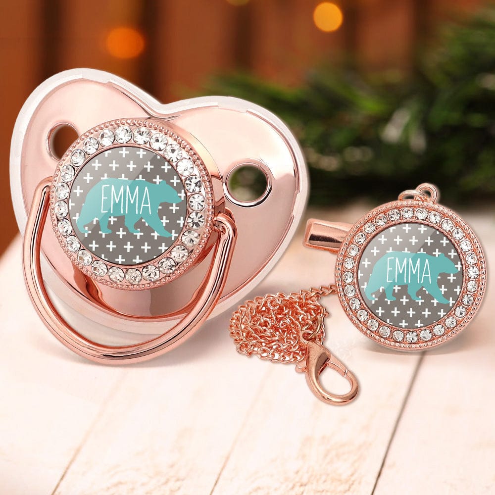 Custom Name Baby Pacifier & Clip Set with Polar Bear Pattern – Personalized Newborn Gift