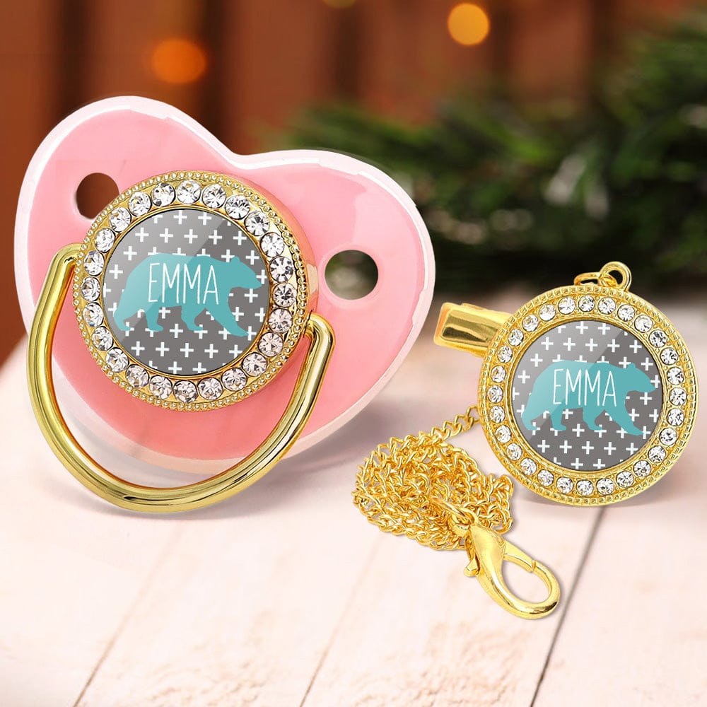 Custom Name Baby Pacifier & Clip Set with Polar Bear Pattern – Personalized Newborn Gift