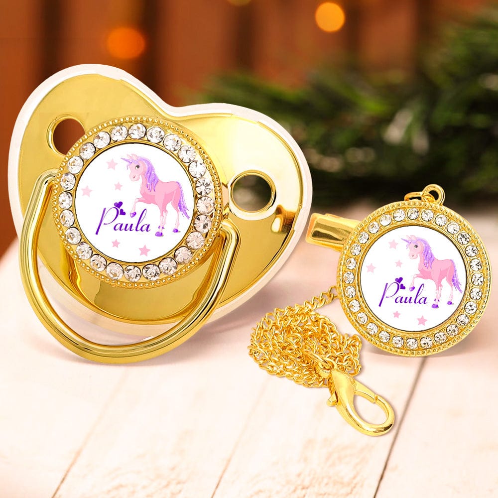 Custom Name Baby Pacifier & Clip Set with Dreamlike Unicorn Pattern – Personalized Newborn Gift