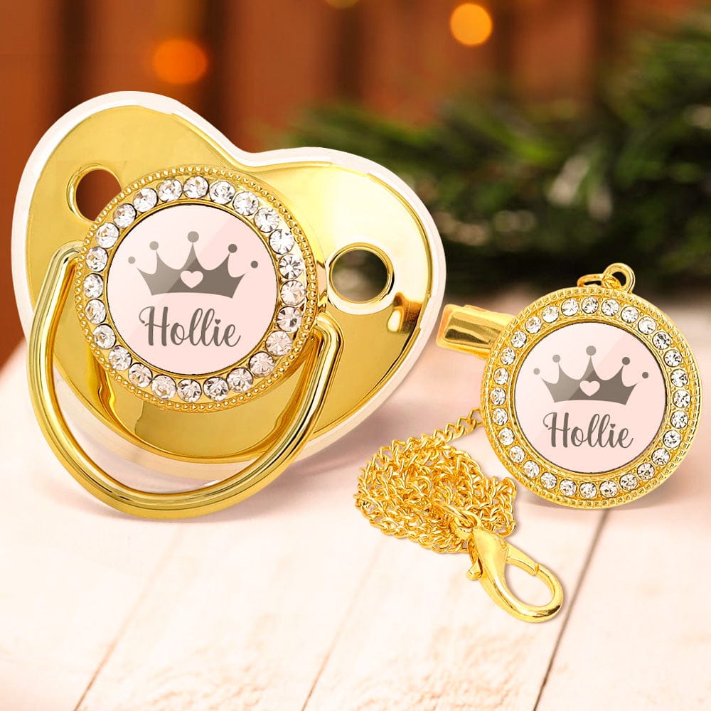 Custom Name Baby Pacifier & Clip Set with Crown – Personalized Newborn Gift