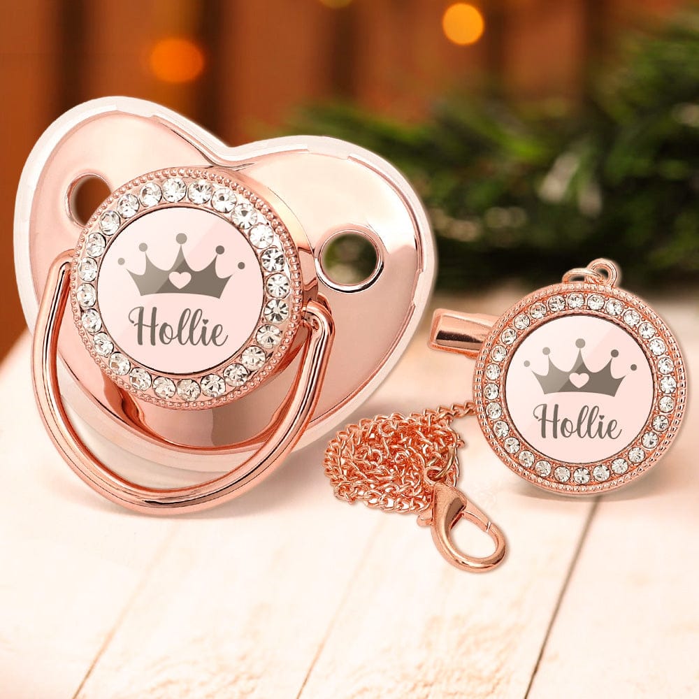 Custom Name Baby Pacifier & Clip Set with Crown – Personalized Newborn Gift
