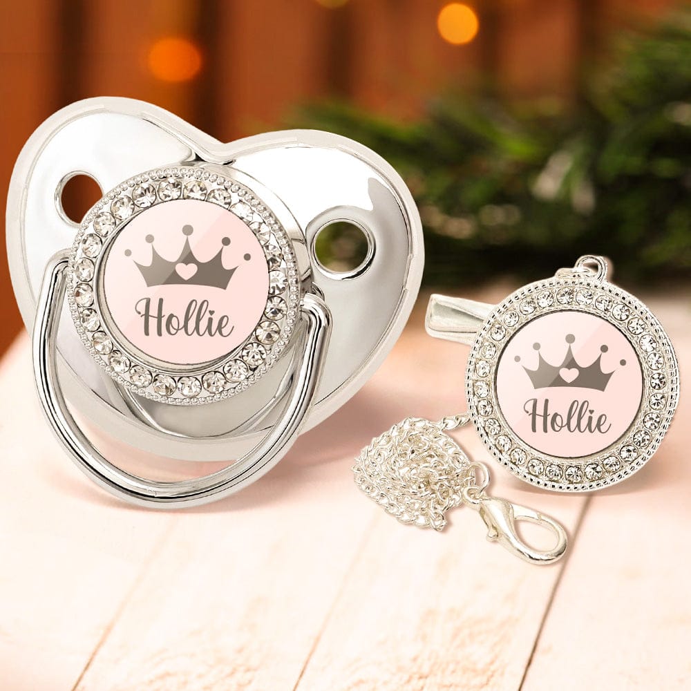 Custom Name Baby Pacifier & Clip Set with Crown – Personalized Newborn Gift