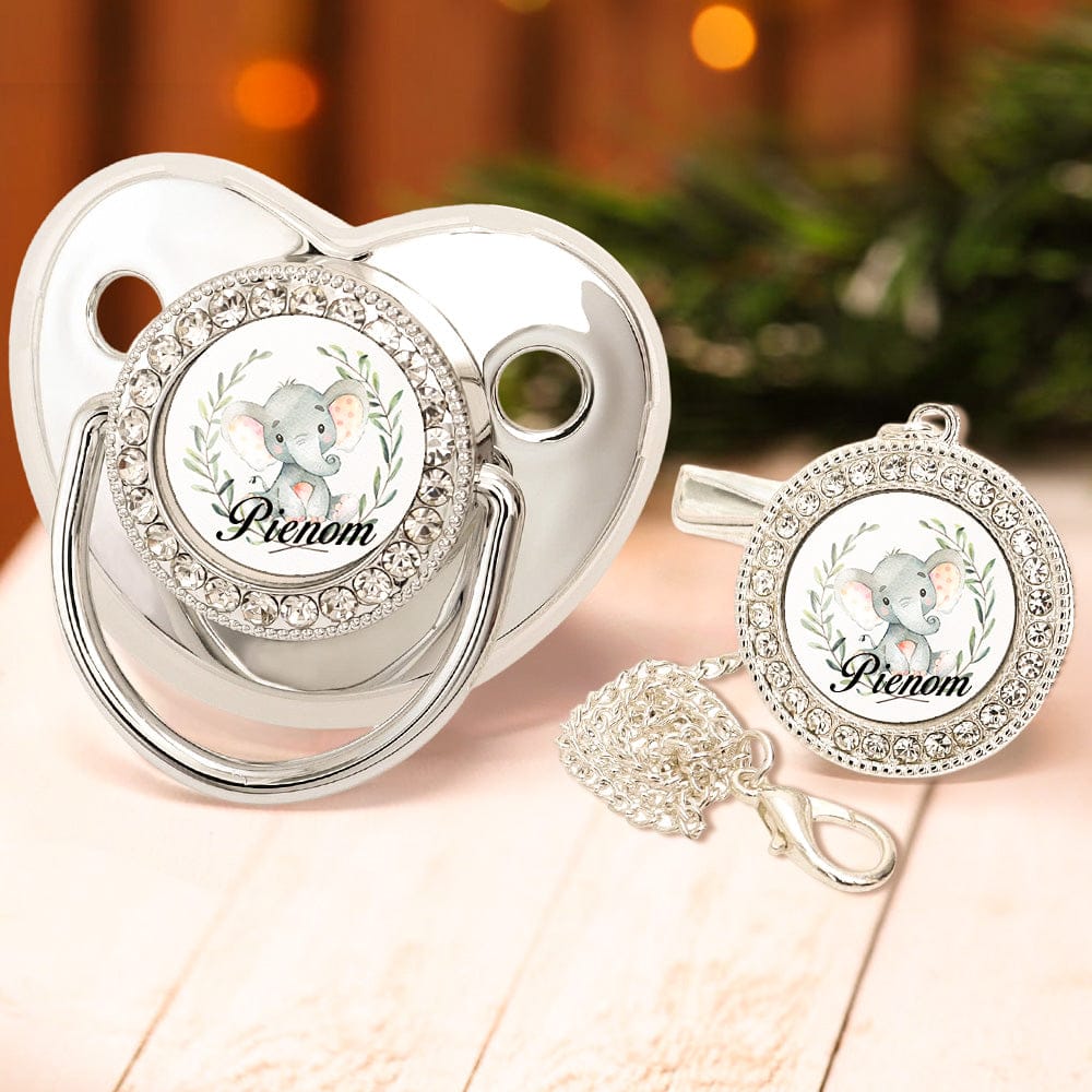 Custom Name Baby Pacifier & Clip Set with Elephant Pattern – Personalized Newborn Gift