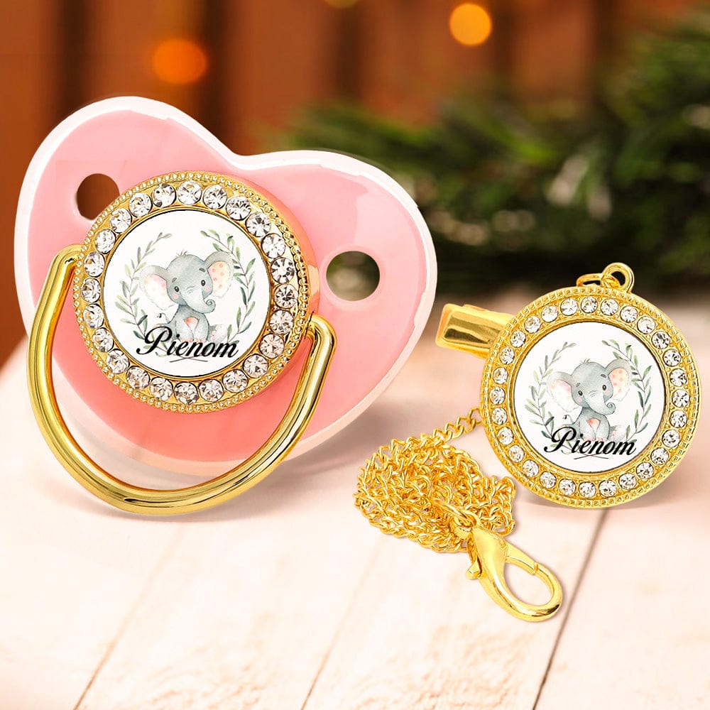 Custom Name Baby Pacifier & Clip Set with Elephant Pattern – Personalized Newborn Gift