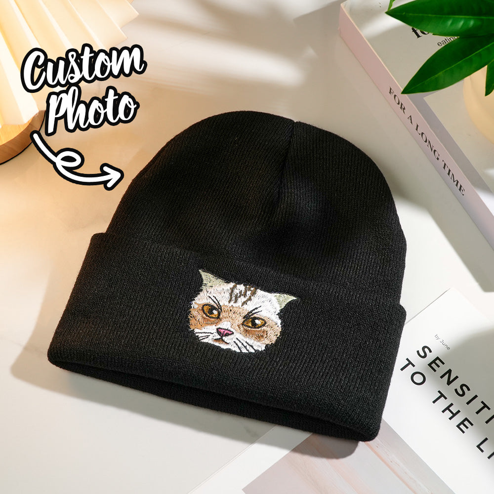 Black Knit Beanie Personalized Pet Portrait Warm Embroidered Look