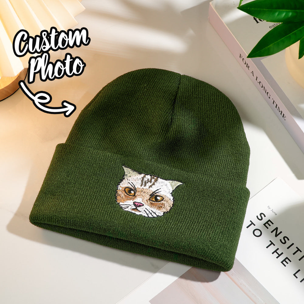Personalized Pet Portrait Knit Beanie Warm Embroidered Look Caramel