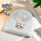 Knit Beanie Warm Embroidered Look Personalized Pet Portrait for Everyday Wear Navy Blue