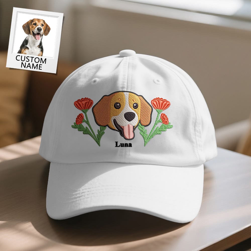 White Baseball Cap Personalized Pet Portrait with Name Printed Embroidered Look