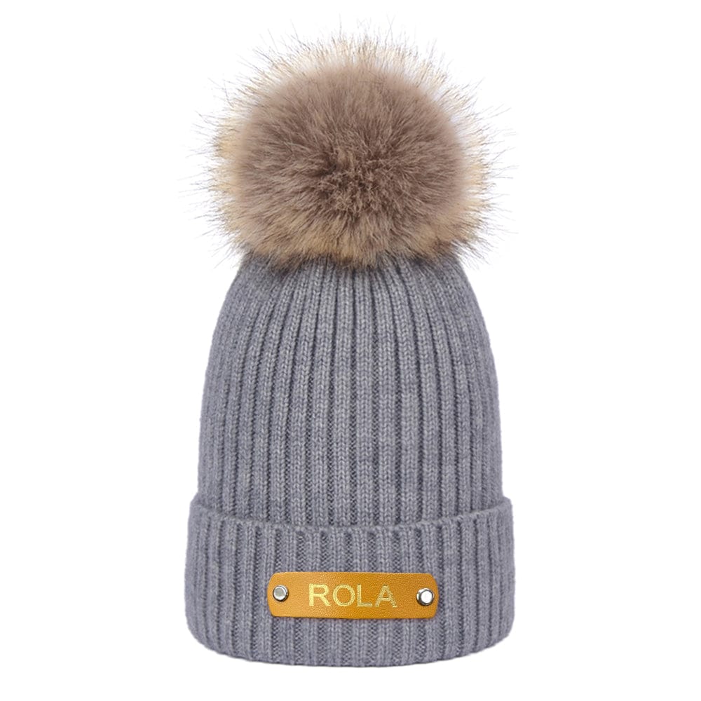 Personalized Leather Patch Beanie Custom Name Newborn Kids Winter Hat