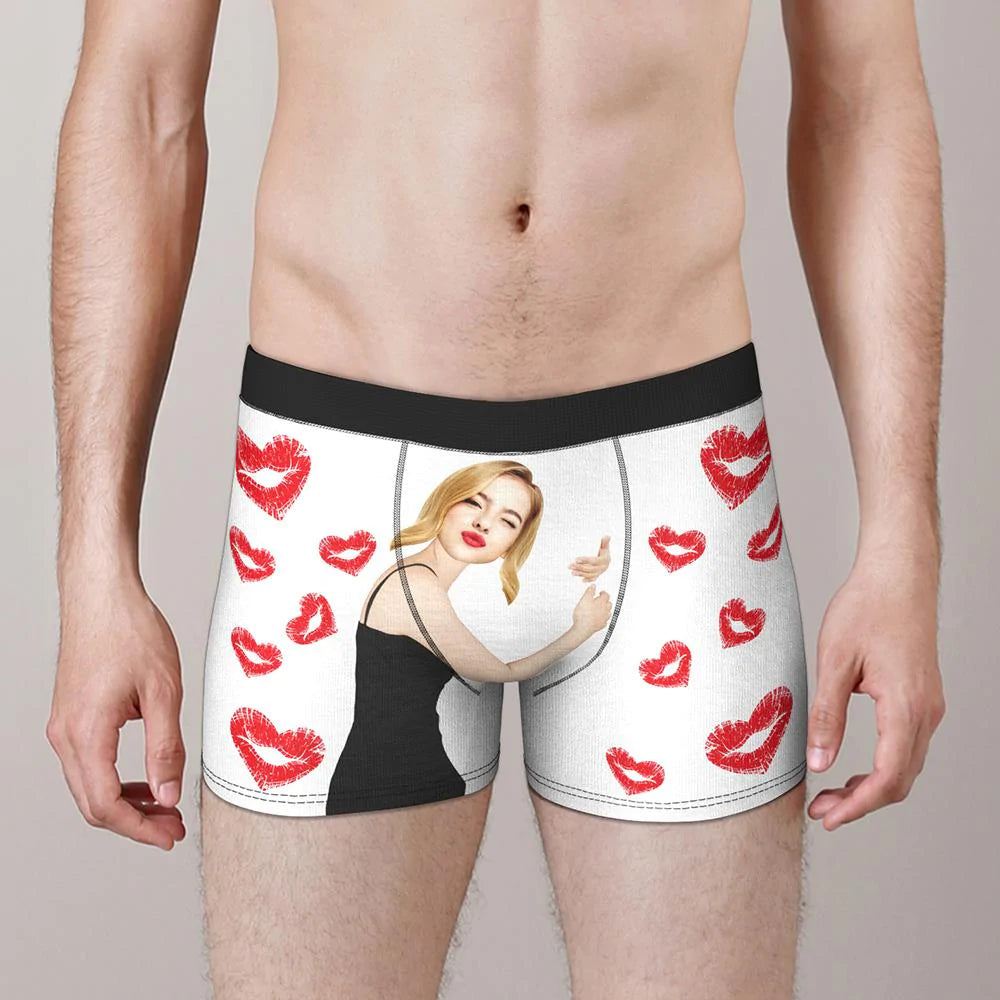 Custom Face Boxers Girlfriend Hug with Heart Lip Print Gifts For Him