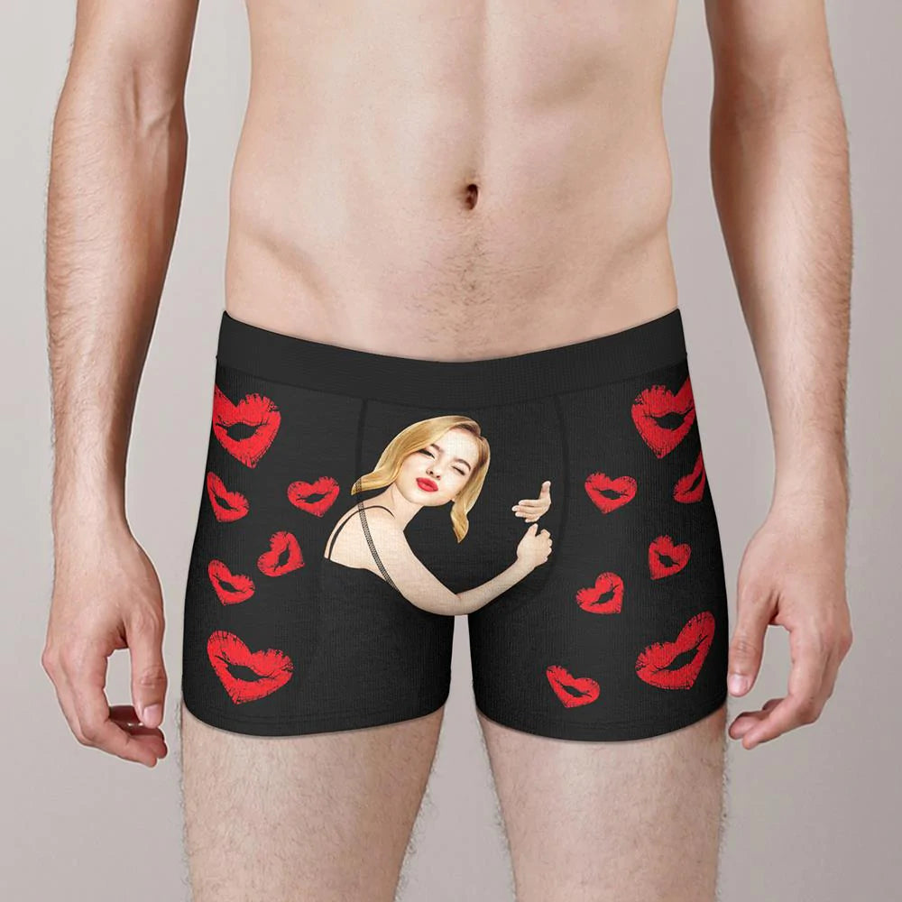 Custom Face Boxers Girlfriend Hug with Heart Lip Print Gifts For Him