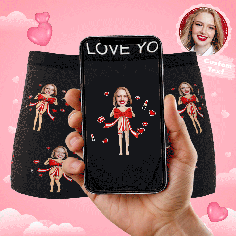 Custom Photo Boxer Red Bow Gift Underwear Men's Underwear Gift For Boyfriend AR View Valentine's Day Gift