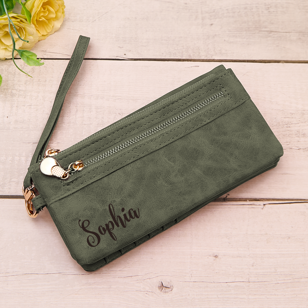 wallet custom text personalization bridesmaid gift for wedding weekend brown detail image