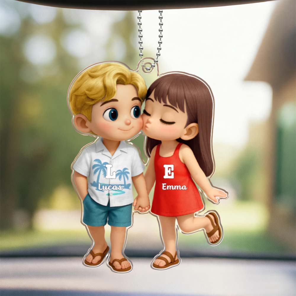Personalized Name Hawaiian Style Acrylic Car Hanger Cute Couple Kissing Moment Valentines Gift for Boyfriend & Girlfriend