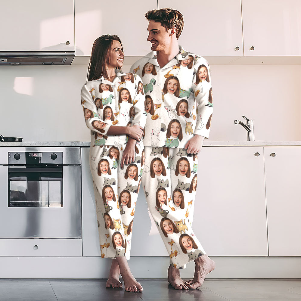 Custom Photo Face Pajama Cartoon Cat Cute Home Gifts