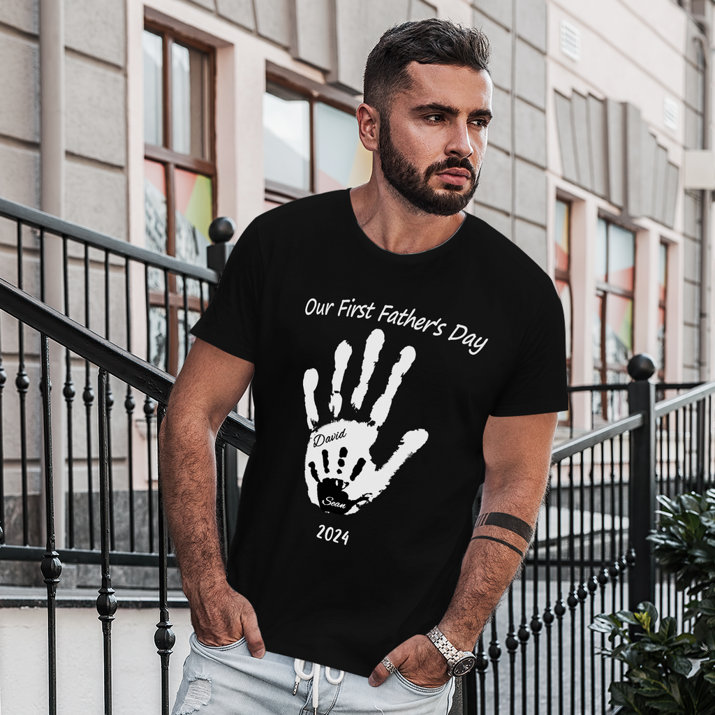 Personalized Our First Father’s Day Handprint Father T-Shirt Gift for Dad