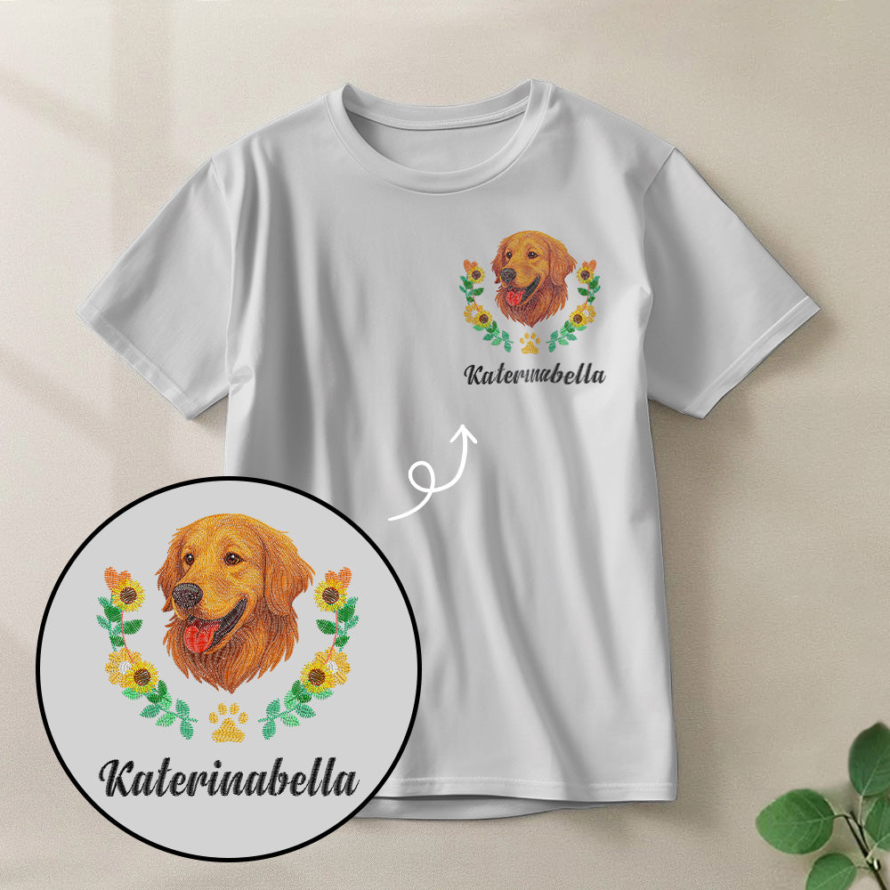 Custom Embroidered-Style Pet T-shirt – Personalized T-shirt with Pet Name & Wreath