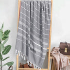 beach towel personalized name soft fringe finish bridesmaid gift for beach bach and bridal dark grey detail image