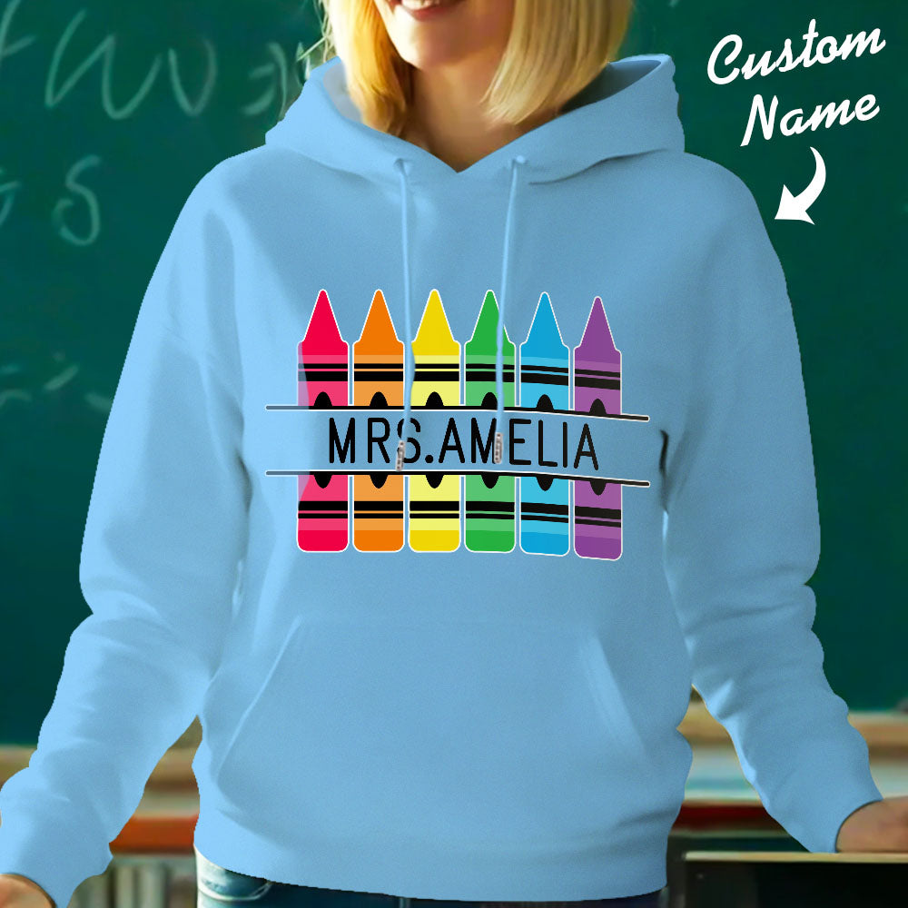Personalized Crayon Hooded Sweatshirt Teacher Custom Name Hooded Sweatshirt Back to School Gifts