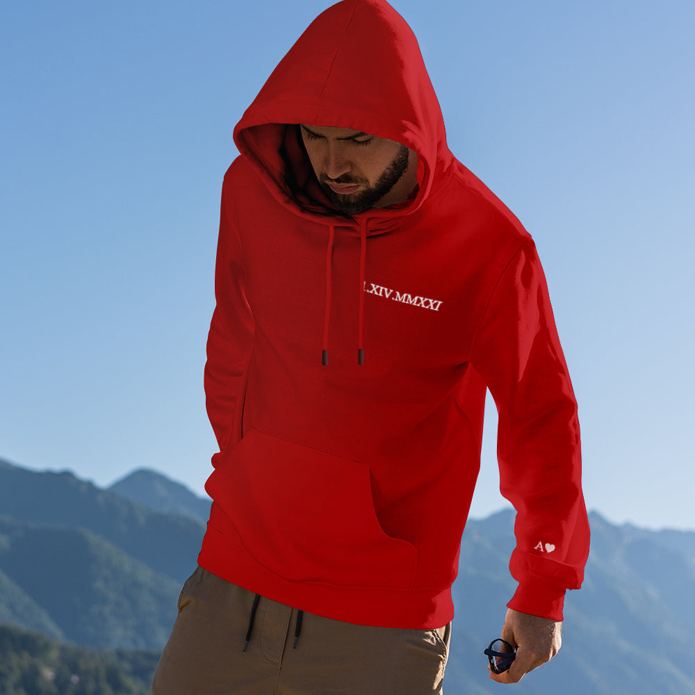 Custom Engraved Hooded Embroidery Round Neck Roman Numeral Date Couple Gifts