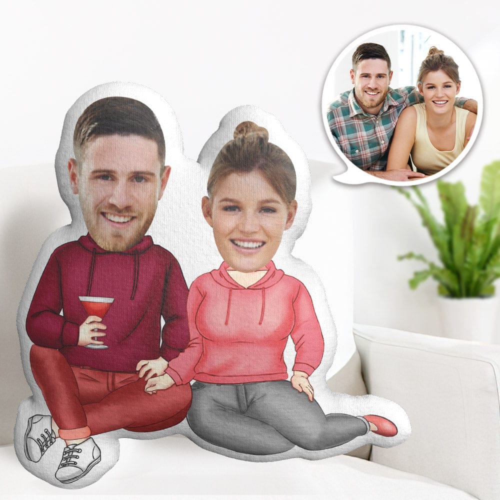 Custom 3D Face Pillow Sitting Couples with Wine Christmas Day Gifts