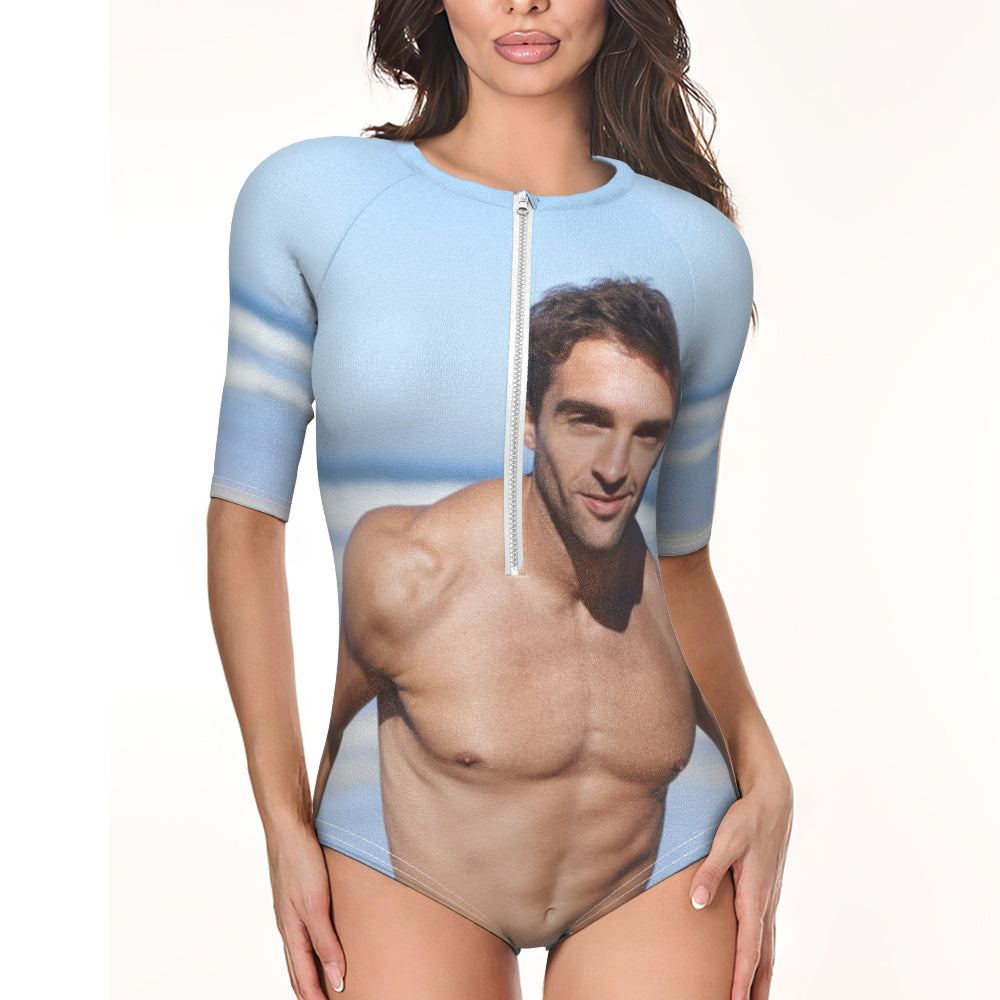 Custom Photo Half Sleeve Swimsuit One Piece Swimwear Personalized Women's Half Sleeve Swimsuit