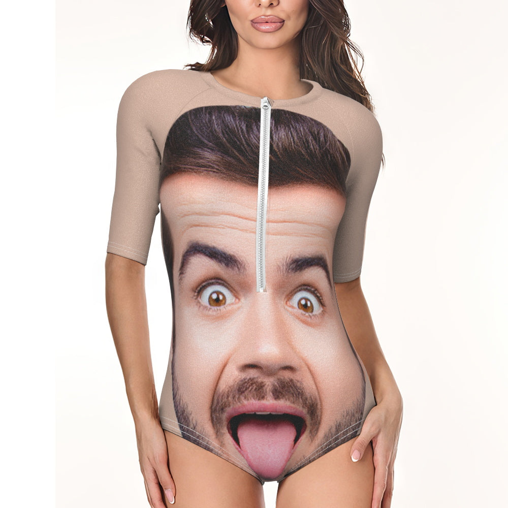 Custom Face Half Sleeve Swimsuit One Piece Swimwear Personalized Funny Women's Half Sleeve Swimsuit