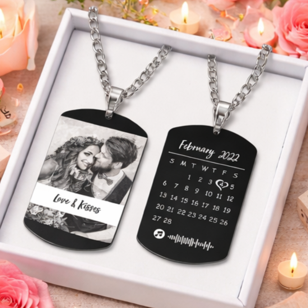 "Love & Kisses" - Personalized Photo Necklace with Engraved Calendar Pendant for Everyday Wear