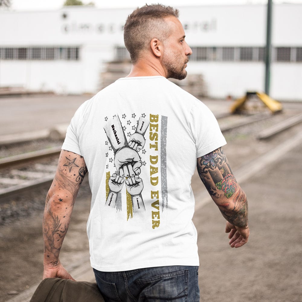 fist bump t shirt custom engraved back printed t shirt father s day design t shirt for everyday use photo front view