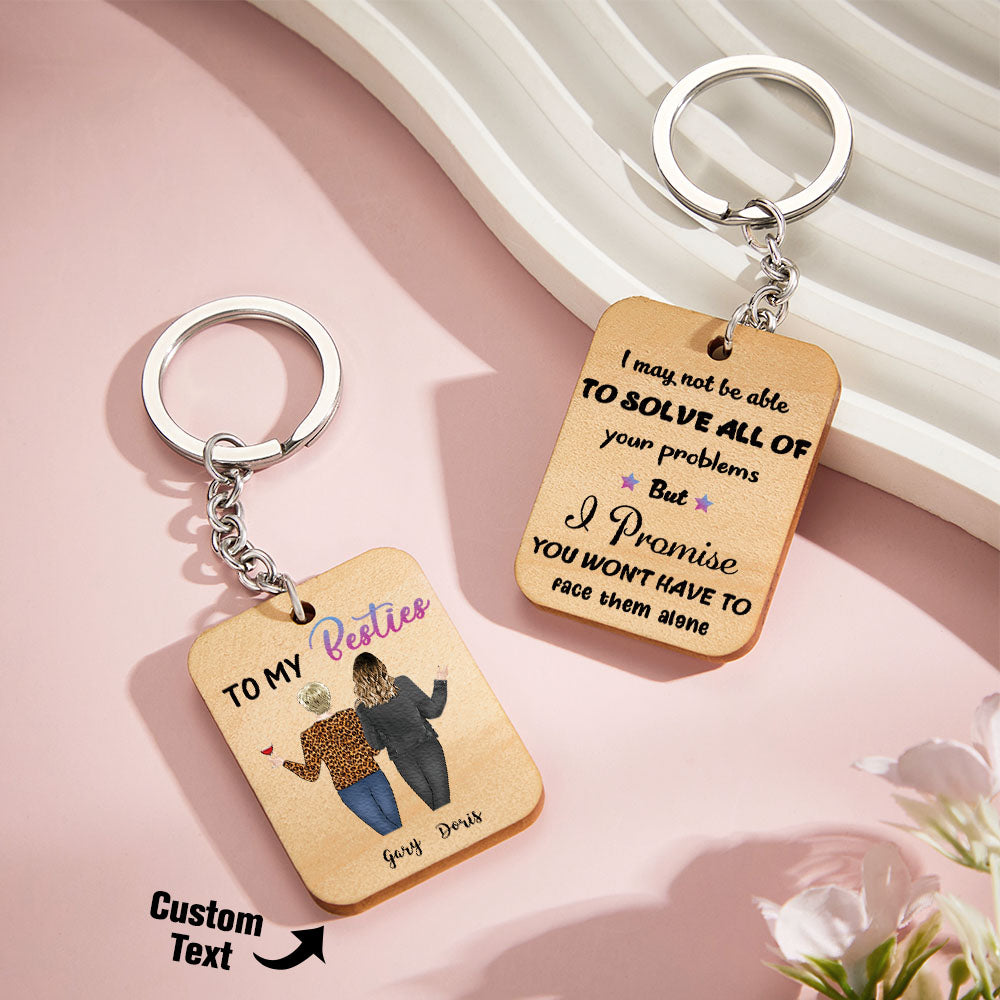 Cartoon Sister Image Wooden Keychian Custom Engraved Back View Keychain For Friend