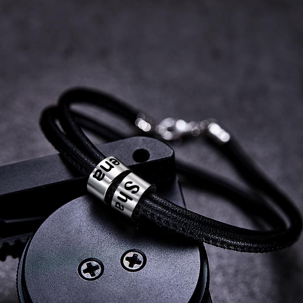 Custom Engraved Bead Bracelet Men Braided Black Leather Gifts