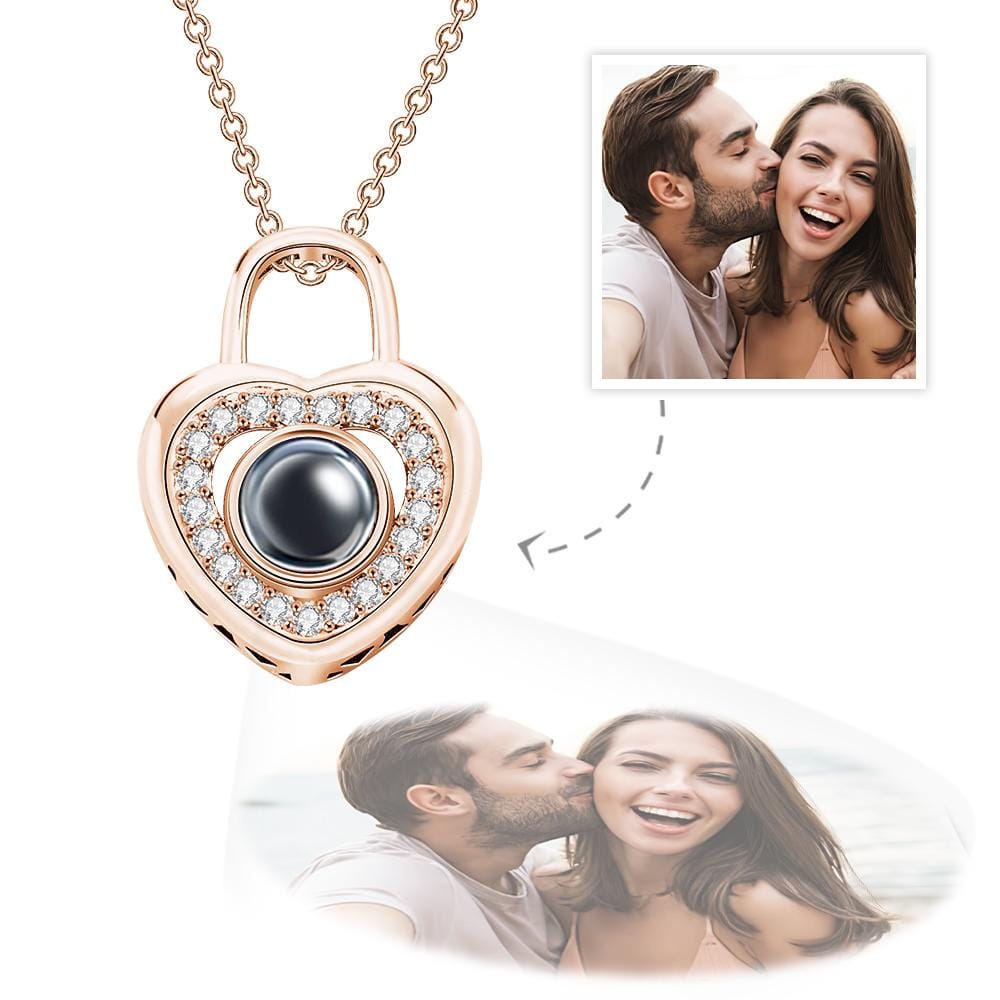 Personalized Photo Projection Necklace Love Heart Lock Shaped Pendant Valentine's Day Gift