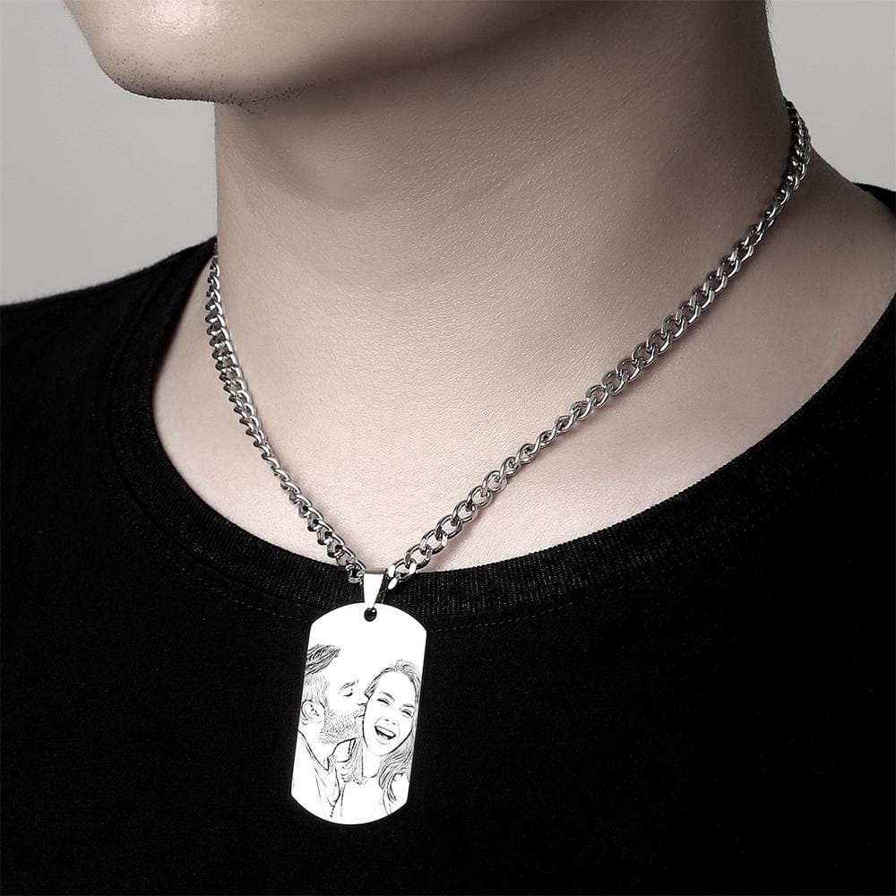Personalized Men's Photo Necklace Engraved QR Code Necklace
