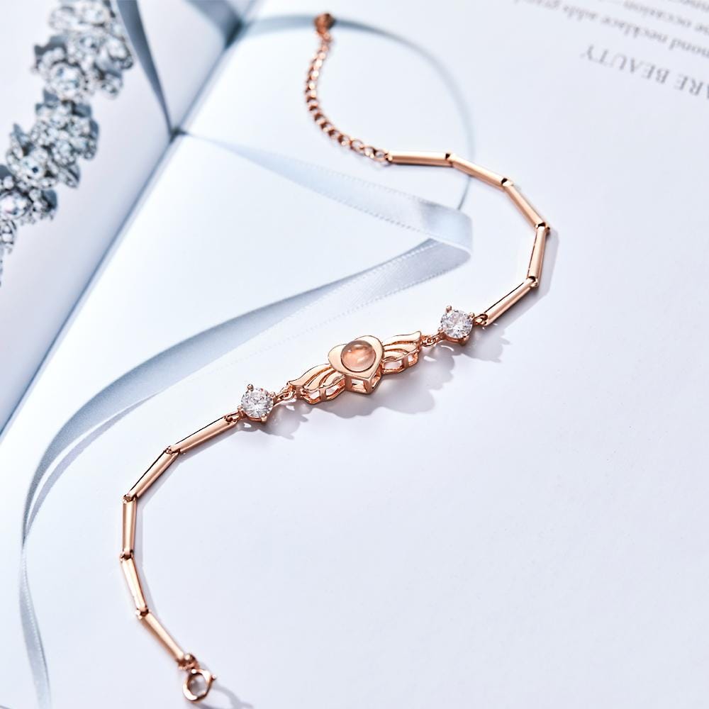 Personalized Photo Projection Bracelet Elegant Wings with Stone Jewelry for Her