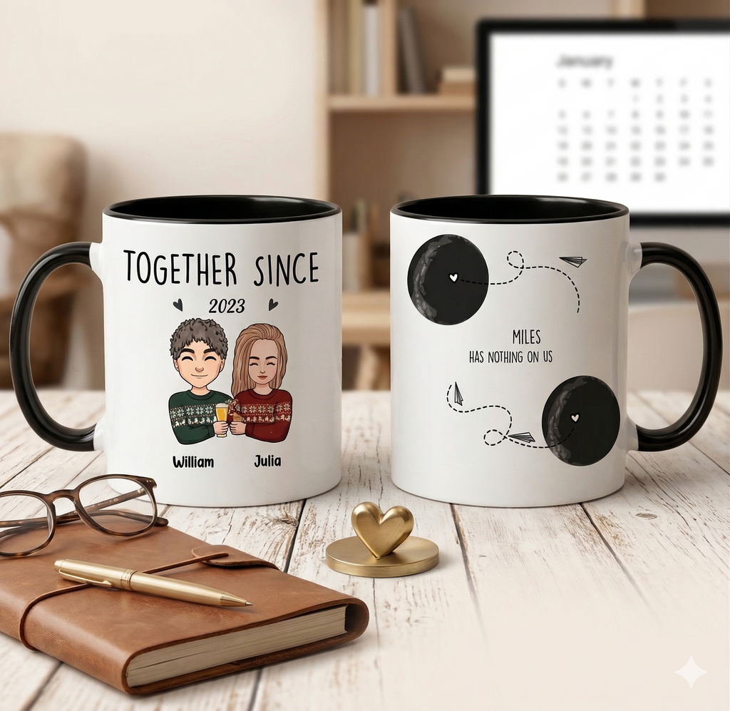 Personalized Long Distance Mug with Custom Names and Heart Map White 11oz